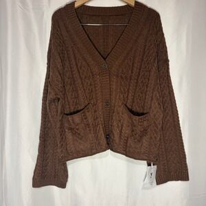 NWT Yousify Brown Cable Knit Cardigan Sweater Oversized V-Neck Button Front